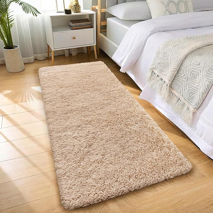OLANLY 3x11 Machine Washable Runner Rugs for Hallway, Soft Fluffy Shaggy Bedside Rugs for Bedroom, Living Room, Indoor Floor Carpet for Kids Girls and Boys, Nursery Rooms, Home Decor Aesthetic, Beige