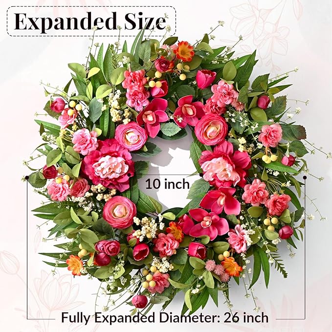 Waipfaru Spring Wreaths for Front Door, 26" Large Spring Summer Easter Wreaths for Front Door with Rose Peony Tulip Magnolia, All Seasons for Indoor Outdoor Farmhouse Home Porch Wall Window Decor