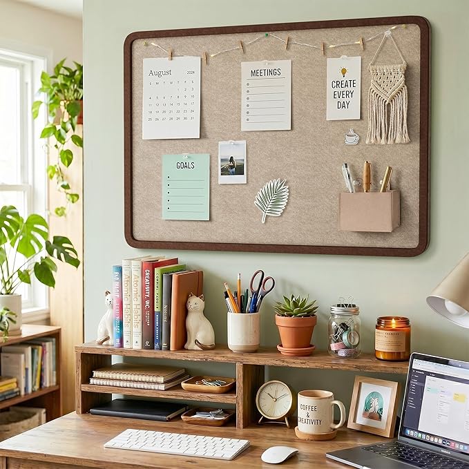 Bulletin Board, 48 x 36 inches Decorative Felt Board Foldable Photo Board Pin Boards, Cork Board Alternative for Walls, Office, Home, Classroom with Pushpins ＆ Small Storage Bag, Brown