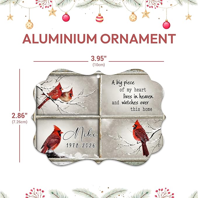 HYTURTLE Personalized Memorial Sympathy Christmas Ornament Tree Decor Gifts for Family Loss of Loved One Mom Dad - Remembrance Bereavement Gifts - Cardinal Birds Custom Name Aluminium Ornament