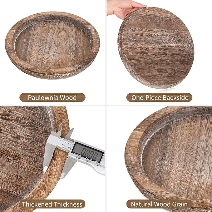Hanobe Rustic Wooden Serving Tray: Set of 2 Round Wood Butler Decorative Tray Vintage Centerpiece Candle Holder Trays Farmhouse Ottoman Tray for Kitchen Countertop Home Decor for Coffee Table