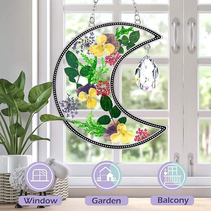 KY&BOSAM Moon Suncatcher Gifts for Mom Family Friends Stained Glass Suncatchers for Windows Hangings Wind Chimes with Real Flower Colorful Crystal Outdoor for Garden Indoor Home Christmas Trees Decor