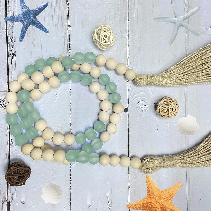 OMISHE Wood Bead Garland with Tassels 52 Inches, Handmade Wooden Beads with Round Acrylic Beads, Boho Wooden Beads Home Decor, Farmhouse Beads Garland for Tiered Tray Decor Beach Decor Green