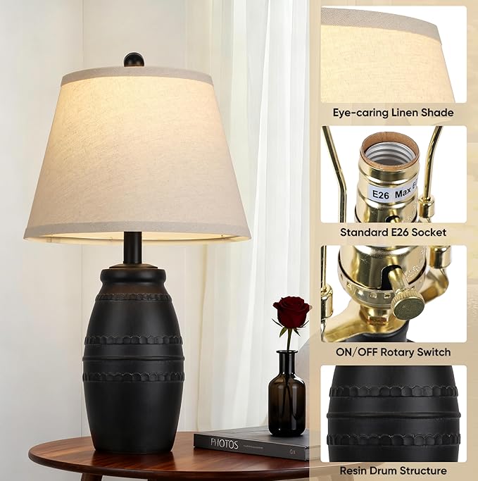 QiMH Farmhouse Table Lamps Set of 2, Bedside Lamps for Living Room, Modern Table Lamp for Bedroom, 21.5" Vintage Rustic Nightstand Lamp with Linen Shade, Black Retro Side Table Lamp for Office Home