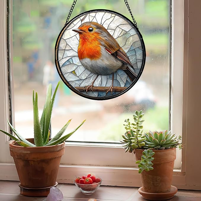 Stained Glass Window Hanging - Orange Grey Robin Sun Catcher for Door Garden Home Decor Bird Lovers Suncatcher Christmas Mother's Day Birthday Gifts for Women Men Mom Nana 7.8 in