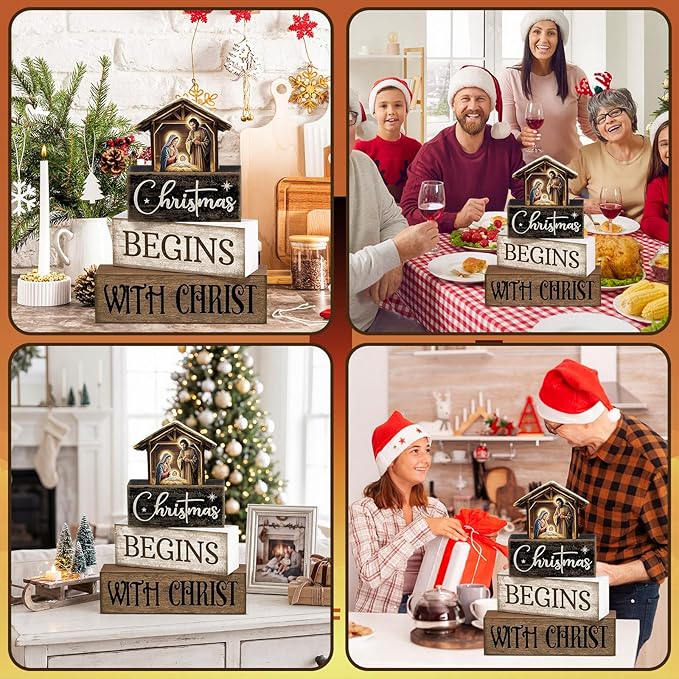 Moucuny 4 Pcs Christmas Table Decoration Christian Wooden Stacked Block Decor, Christmas Begins with Christ Signs with Nativity Scene Topper, Rustic Religious Xmas Tiered Tray Decor for Home Church
