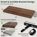 Floating Shelves for Wall 32 in x 9.3 in Deep, Wall Mounted Rustic Wood Shelf with Invisible Brackets for Storage & Display, Living Room Bedroom Bathroom, Walnut, 2 Pack