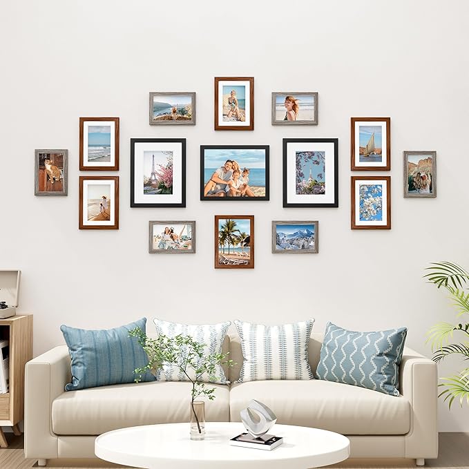 Vittanly 15 Pack Picture Frames Collage Wall Decor for Mounting or Tabletop Display, Gallery Frame Set Including 3pcs 8x10, 6pcs 5x7, 6pcs 4x6, Black, Walnut Brown and Dark Grey