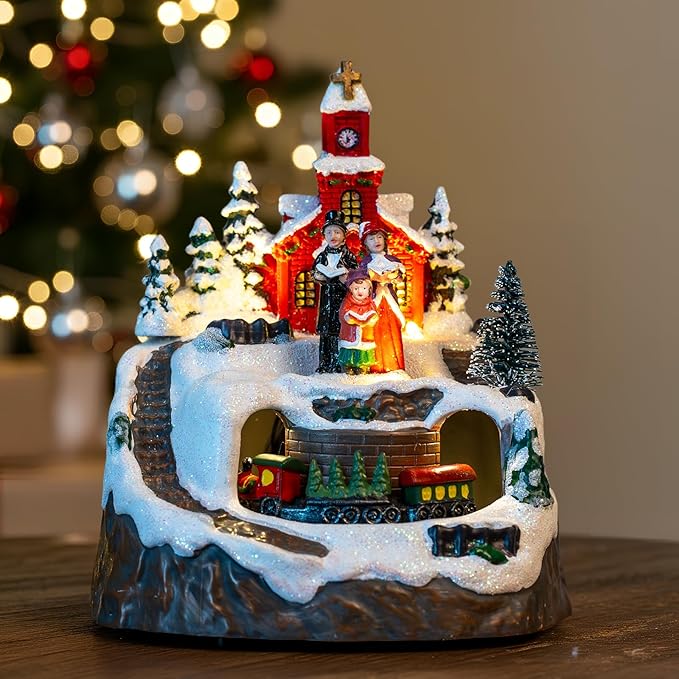 Animated Musical Christmas Village Choir Figurines Christmas Collectibles Statues Church Building & Carolers with Rotating Train LED Lights, Battery & USB Home Decor Gifts Festive Holiday Decorations