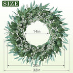 32'' Eucalyptus and Babys Breath Flowers Wreath for Front Door - Large Artificial Greenery Outdoor Wreath for Porch,Window,Farmhouse,Home,Hanging Decor- Spring, Summer, All Seasons (Green-White)