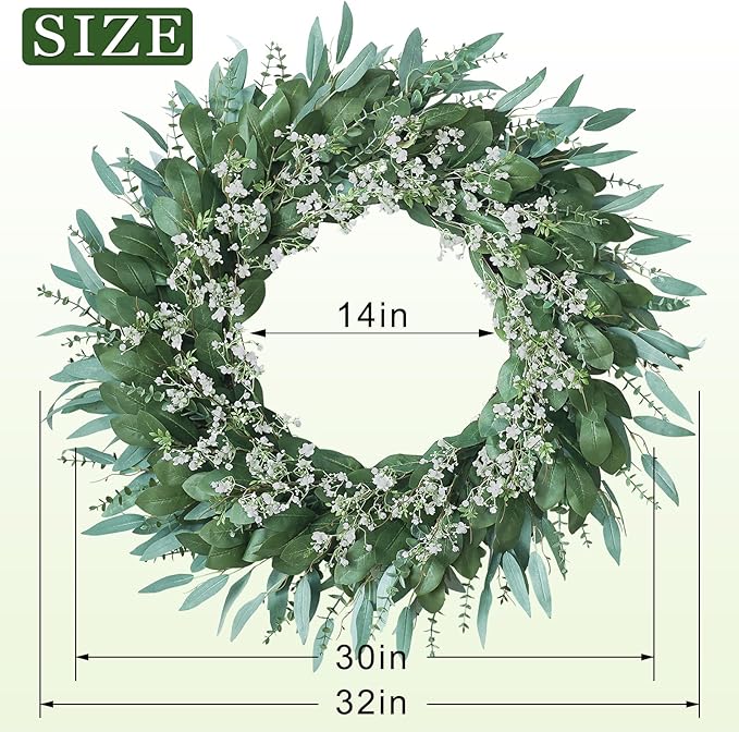 32'' Eucalyptus and Babys Breath Flowers Wreath for Front Door - Large Artificial Greenery Outdoor Wreath for Porch,Window,Farmhouse,Home,Hanging Decor- Spring, Summer, All Seasons (Green-White)