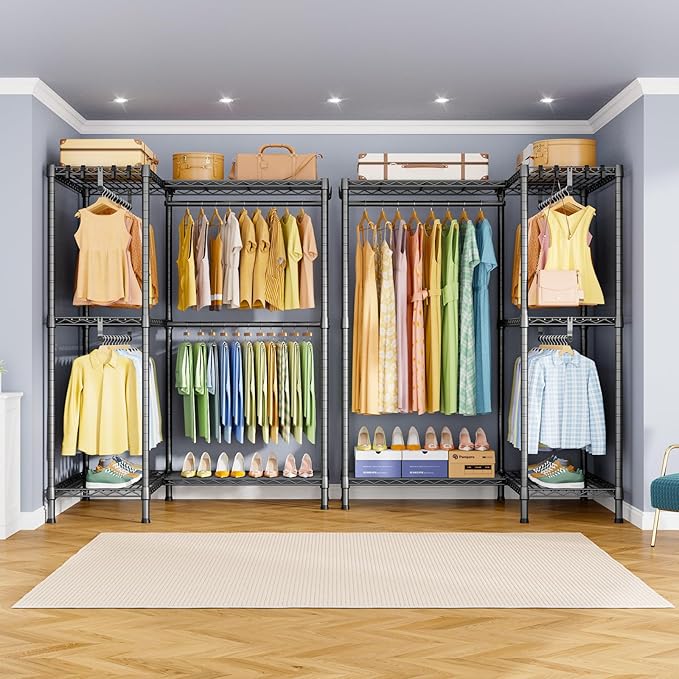 E15 Garment Rack L Shaped Clothes Rack for Corner，Freestanding Clothing Racks for Hanging Clothes，Heavy Duty Closet Organizer with 4 Hanging Rods & 8 S Hooks，43.4" W x 15.8" D x 78.4" H，Grey