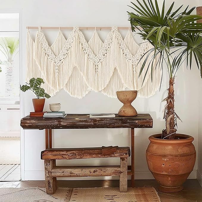 IOWER Macrame Wall Hanging Wedding Hanger Macrame Wall Decor Dorm Craftsmanship Handmade Tassel Knotting Boho Fiber Art Home Room Decor 47" W x 25" L