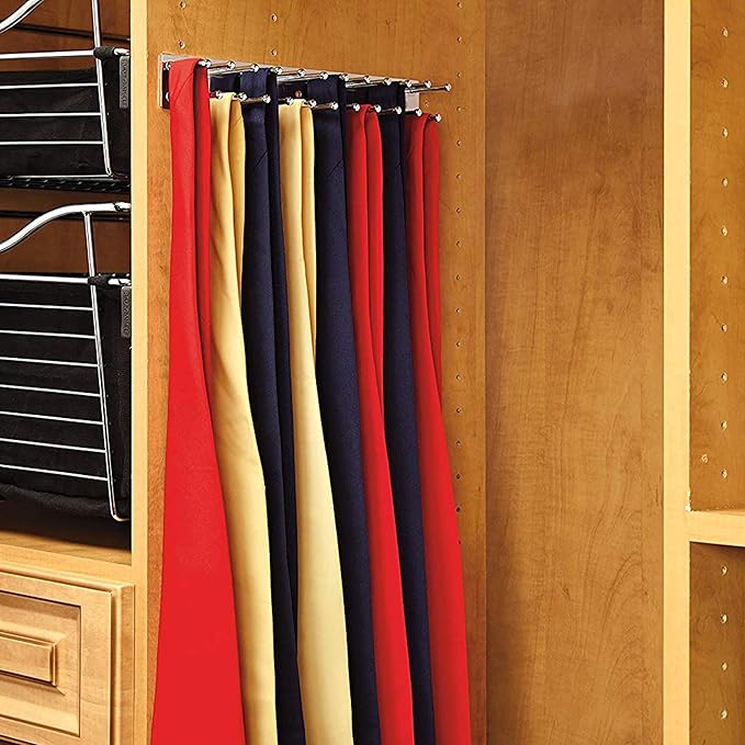 Rev-A-Shelf Pull Out 12" Side Mount Extending Closet Tie & Belt Organization Storage Rack Holder for Up to 23 Ties, Chrome, TRC-12CR
