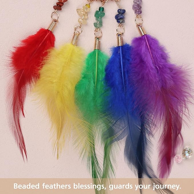 Pretty Jolly Small Tree of Life Crystal Stone Dream Catchers Rainbow Feathers Mini Dreamcatchers for Cars Rear View Mirror Hanging Decoration Good Luck Travel Charm Bedroom Ornaments for Women Girls