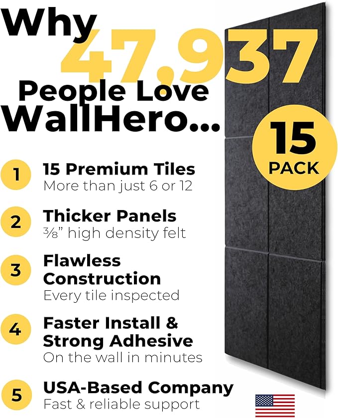 WALLHERO Office Cork Board, 59"x36" | 15 Pack | Felt Tiles for Wall, Tac Board, Large Felt Board, Wall Protector for Dart Board, (Gray Marble Slats)