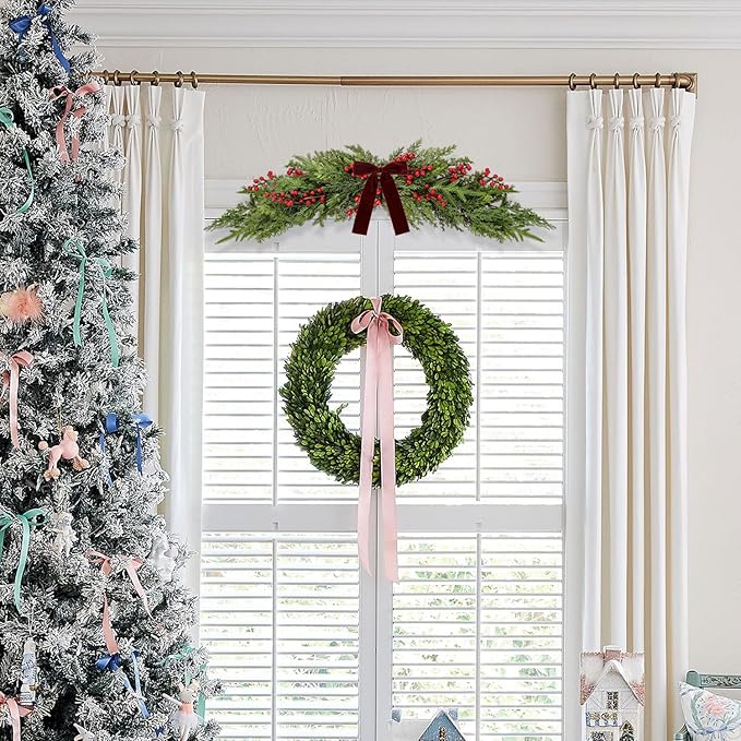 60cm Artificial Christmas Norfolk Pine Cedar Swags with Velvet Bow Greenery Decoration for Mantel Window Mirror Picture Frame Mailbox Holiday Indoor Outdoor Home Decor (Red Berry, 60cm/23.6'')
