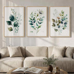 Framed Green Botanical Wall Art for Living Room, 3 Piece Neutral Minimalist Watercolor Leaf Canvas Painting Prints, Modern Farmhouse Boho Sage Green Plant Artwork for Bedroom Kitchen Wall Decor