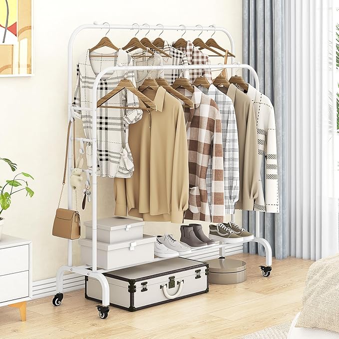 SUOERNUO Garment Rack with Wheels Clothing Rack for Hanging Clothes Multi-functional Bedroom Clothes Rack，White+Double Rods