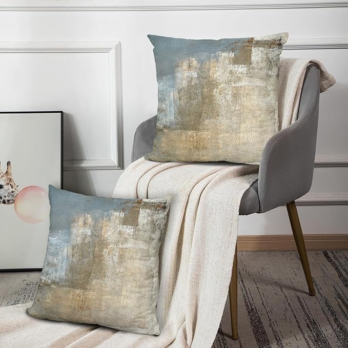 Grey and Beige Abstract Art Contemporary Pillow Cover, Modern Neutral Decorative Throw Pillows Cushion Cover for Bedroom Sofa Living Room 26 x 26 Inch Set of 2