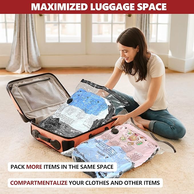 Vacuum Bags for Travel with Rechargeable Pump, 12 Combo (4L/4M/4S) Compression Packing Seal Bags for Luggage Suitcase, Space Saver for Clothing and Clothes Storage Travel