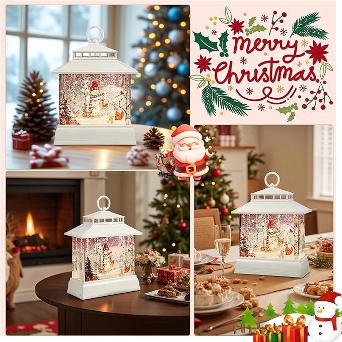 Christmas Snow Globe Lantern Water Glittering Lantern with 8 Songs & 6H Timer Romote Control Christmas Snow Globes USB & Battery Operated for Christmas Festival Decorations Gifts (Snowman)