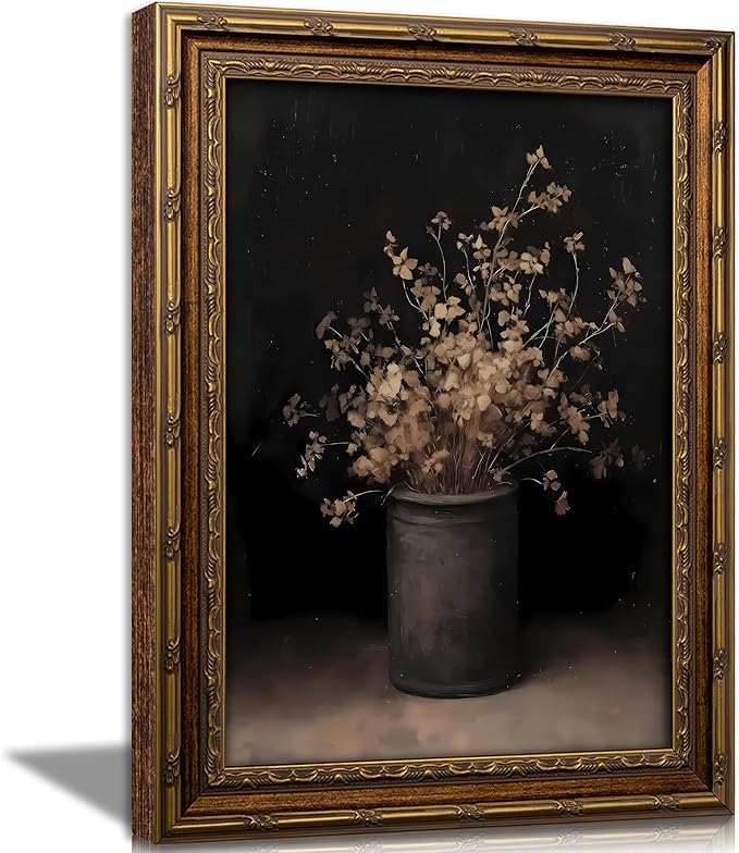 Vintage Gold Framed Wall Art Fall Dried Flowers Antique Vase Country Oil Painting Canvas Prints Dark Moody Rustic Still Life Picture Gothic Victorian Botanical Poster Artwork for Bedroom, 9x11in