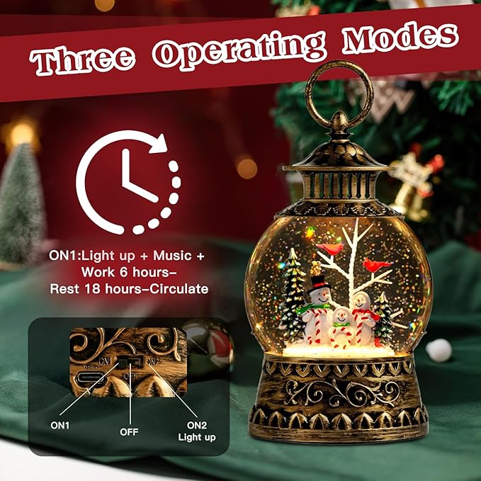 Christmas Snowman Snow Globe, Cardinal Musical Snow Globe Lantern Lights with 6H Timer Battery & USB Powered, Retro Style Holiday Glitter Globe for Xmas Home Decoration Holiday Party Gifts
