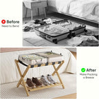 Fully Assembled Bamboo Luggage Rack, Heavy Duty Folding Suitcase Stand with Storage Shelf, Guest Room Essentials, Ideal for Bedroom, Hotel, Natural
