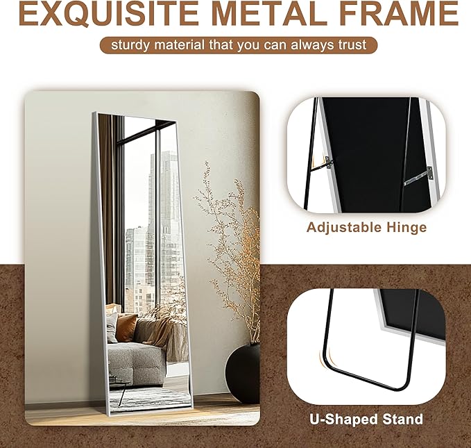 Delma Full Length Mirror,Large Floor Mirror with Aluminum Frame for Bedroom, Bathroom, Living Room,Wall Mount or Freestanding Design, Silver, 56" L x 15" W x 1Pcs