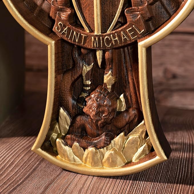 BGCOPPER Saint Michael Cross Wall Decor, Wooden Holy Trinity Crucifix Wall Cross, Jesus Cross for Wall Hanging Christmas Gift (10 Inch)