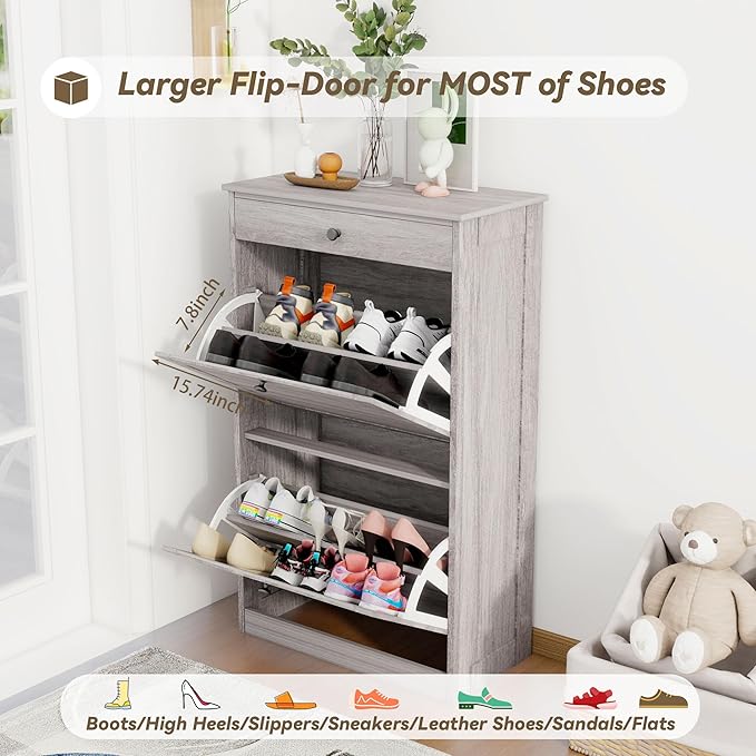 Shoe Storage Cabinet with 2 Flip Drawers, Narrow Freestanding Hidden Shoe Rack Cabinet, Pet-Proof Shoe Organizer for Closet, Entryway, Hallway, Wash Grey