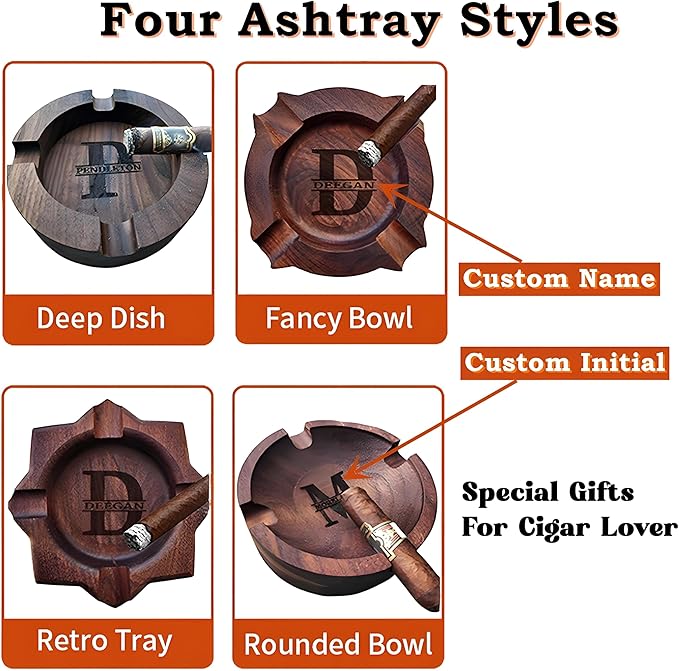Cigar Ash Trays for Men Dad Home Ashtrays Personalized Walnut Wooden Outdoor Cigar Ash Tray With Name for Husband Grandpa Groomsmen Fathers Day Birthday Anniversary Christmas