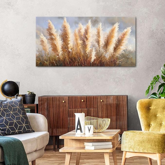 Vintage Boho Reed Canvas Wall Art Abstract Nature Plant Wall Decor Minimalist Botanical Prints Pictures Dried Reeds Flowers Poster Painting Artwork for Living Room Bedroom Home Decoration 24x48"