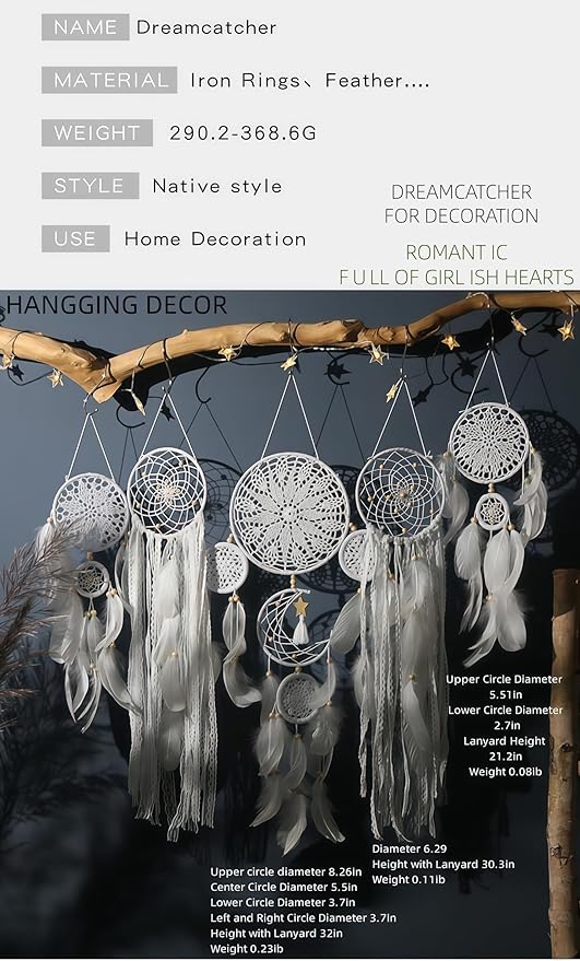 Set of 5 Boho, Hanging Large Boho Dream Catcher Macrame Wall Hanging Moon Dream Catcher Set Dream Catchers Wall Decor for Vintage Wedding Home Decorations (E)