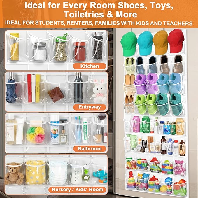 Over the Door Shoe Organizer with 40 Clear PVC Pockets – Waterproof Hanging Shoe Holder for Closet & Bathroom – Space-Saving Door Shoe Rack for Shoes, Toys, Toiletries & Snacks (White)