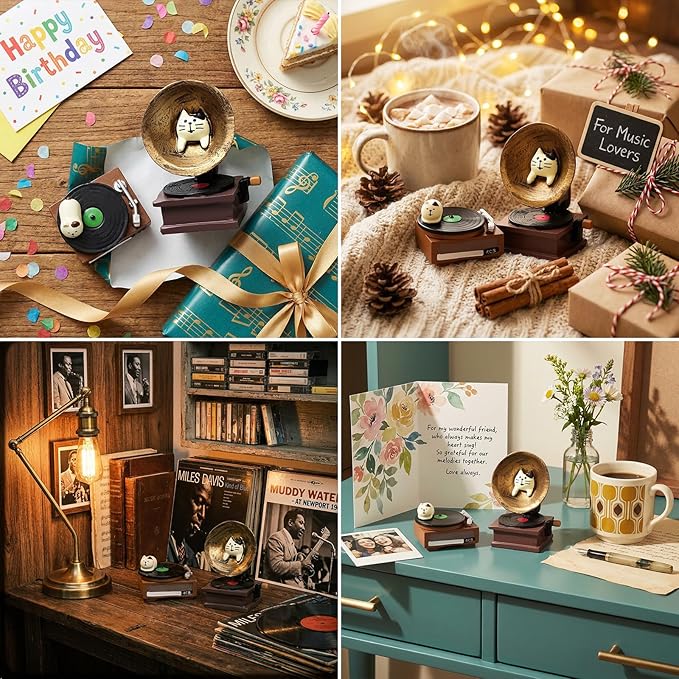 RAQWI Cat Vintage Phonograph and Record Player Figurine Suitble for Office, Home Decoration Perfect for Cat Lovers