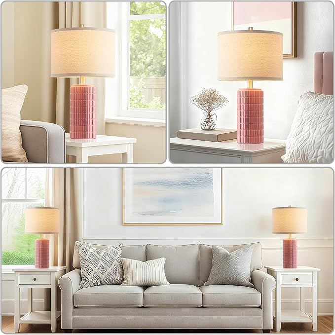 AIEAMPDO 23" Set of 2 Pink Modern Farmhouse Ceramic Table Lamps for Bedroom | Modern Farmhouse Nightstand Table Lamps For Living Room, End Table And Entryway, 2 LED Bulbs Included