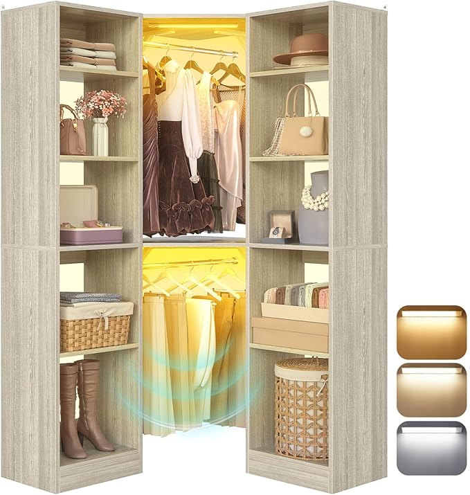 Corner Closet System with 2 Motion Sensor Lights, 39.2" Corner Closet Organizer with 12 Shelves, Closet System with 2 Hanging Rods, Versatile 6-Tier Walk-in Closet for Corner Space, White Oak