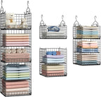 5 Tier Closet Hanging Organizer and Storage Separable Hanging Closet Shelves with 4 Hooks 2 Adjustable Dividers, Wire Storage Basket Bins for Clothing Sweaters Socks Dolls Handbags, Foldable