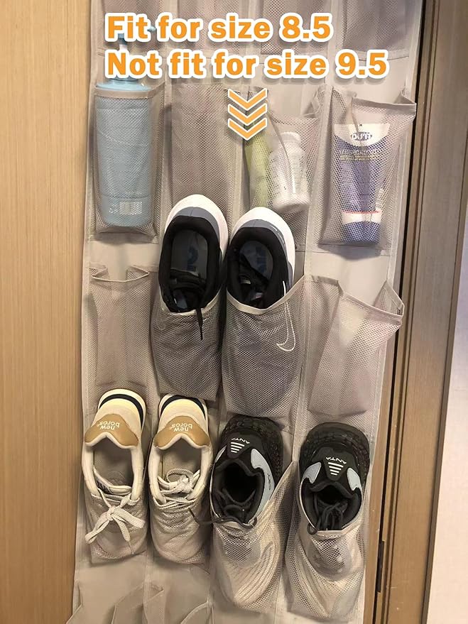 Amazon Basics 24 Medium Mesh Pocket Over-the-Door Hanging Shoe Organizer, Space Saving Shoe Storage, Light Grey | Over-the-Door, 24