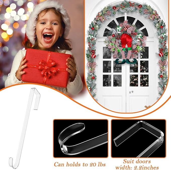 12 in Wreath-Hangers for Front Door,Door-Wreath-Hanger-Clear Over The Door Hooks,2 Pack Non-Scratch-Door-Hanger Hook for Easter Christmas Halloween Fall Wreath Decorations,Welcome Sign for Front Door