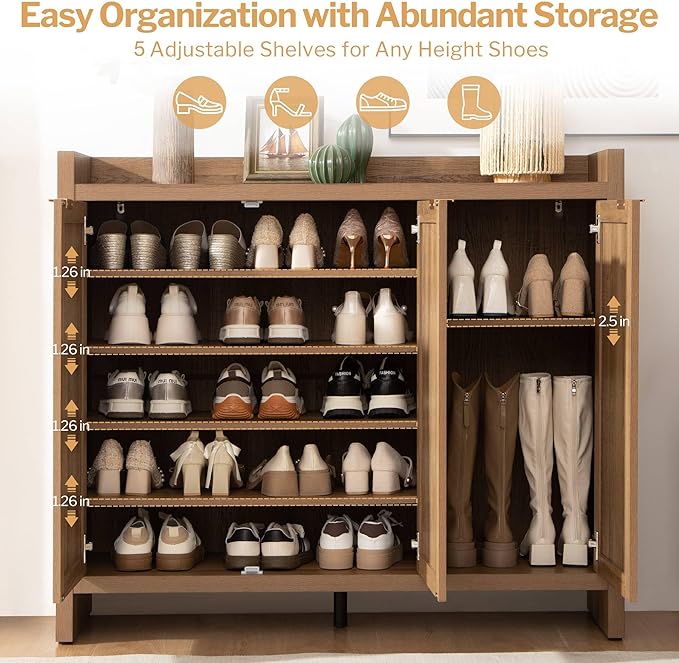 SICOTAS Shoe Storage Cabinet, 30 Pairs Rattan Shoe Cabinet Storage for Entryway, 6-Tier 41" Tall Large Shoe Cabinet, Boho Farmhouse Cabinet with Doors for Entryway Hallway Living Room Closet