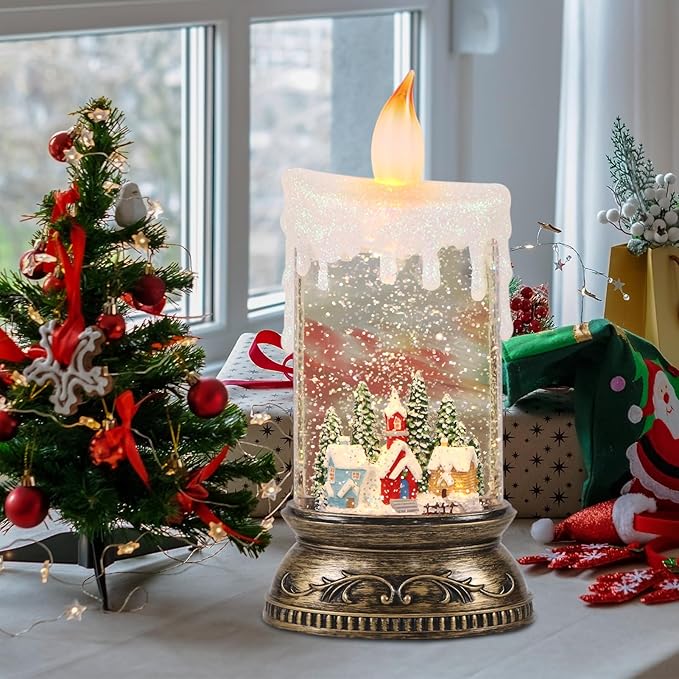 GenSwin Christmas Snow Globes with Music Timer and USB Rechargable Cable, Christmas Lantern Decorations Indoor, 1 Pcs Christmas Music Box with House and Christmas Tree Design for Decor