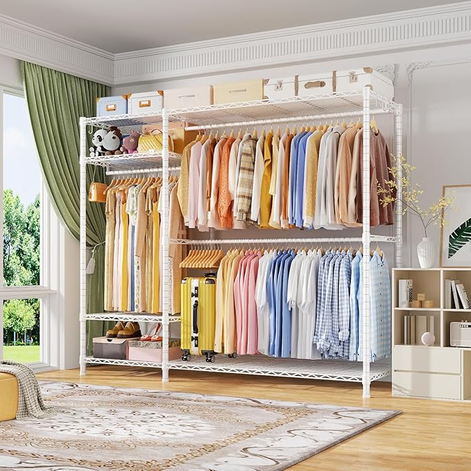 Ulif F7 Plus Garment Rack, Heavy Duty Clothes Rack, Clothing Racks for Hanging Clothes, 6-Tiers Freestanding Portable Closet Storage Rack 68'' W × 14.6'' D × 76.6'' H, Max Load 850 Lbs, White