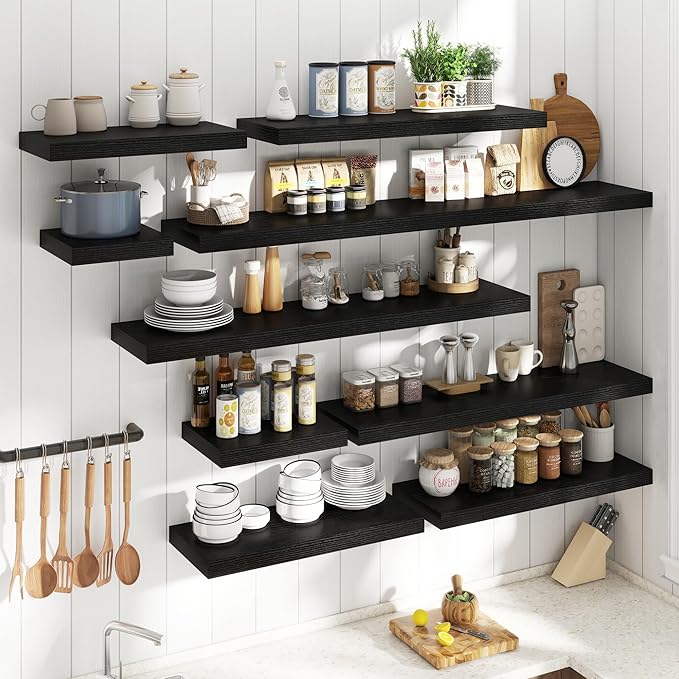 55 Inch Long Floating Shelves for Wall Set of 2, 12"D Wood Grain Bathroom Shelves with Invisible Brackets, Easy Install Engineered Wood Storage Shelves for Kitchen, Living Room, Bedroom, Black Finish