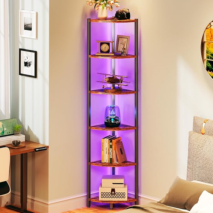 Corner Shelf with LED Lights, 6-Tier Corner Bookshelf, 66'' Organizer Book Shelf Shelves Steel Frame Display Stand with Living Room, Bedroom, Study, Rustic Brown