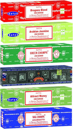 Satya Incense Sticks Gift Set, 7 Scents, Nag Champa, Dragon's Blood, Arabian Jasmine, Super Hit, Green Champa, Goodluck, Attract Money, 15g Each (Relaxation Mix)