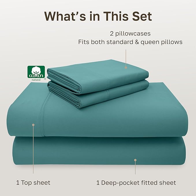 California Design Den 100% Cotton Sheets Full Size Set - Luxury 600 Thread Count Sateen, Cooling Sheet Sets Full Size Bed with Deep Pockets, Hotel Quality Bedding - Teal Bed Sheets