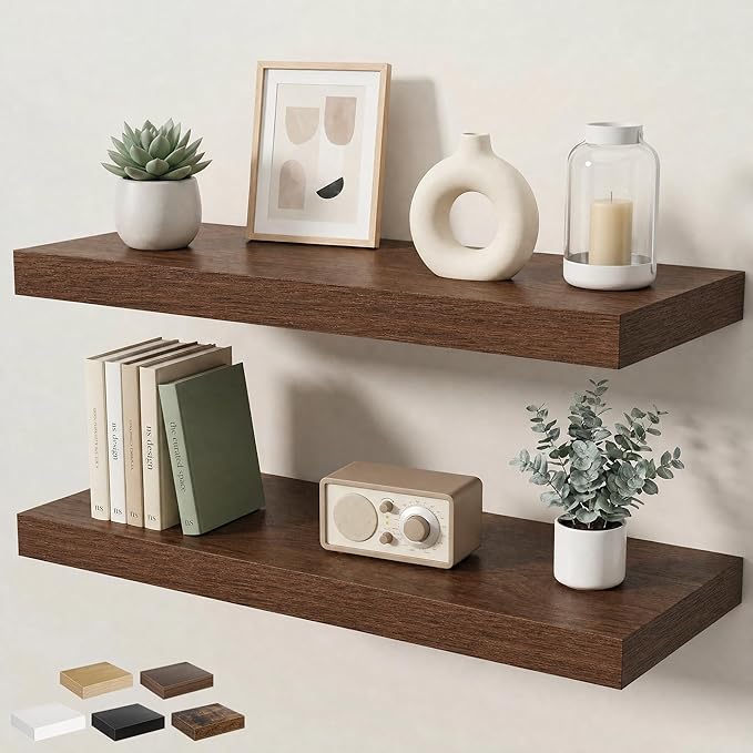 Floating Shelves for Wall 32 in x 9.3 in Deep, Wall Mounted Rustic Wood Shelf with Invisible Brackets for Storage & Display, Living Room Bedroom Bathroom, Walnut, 2 Pack